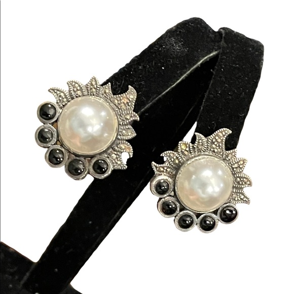 Vintage Sterling silver 925 Black onyx pearl marcasite earrings - Picture 5 of 8
